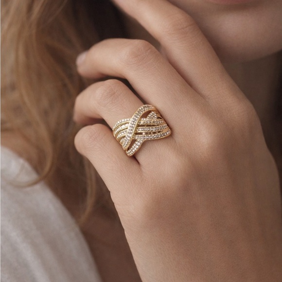 KRN BR Jewelry - KRN-BR Made Crossover Cocktail Ring Gold With Crystal Accents Size 7